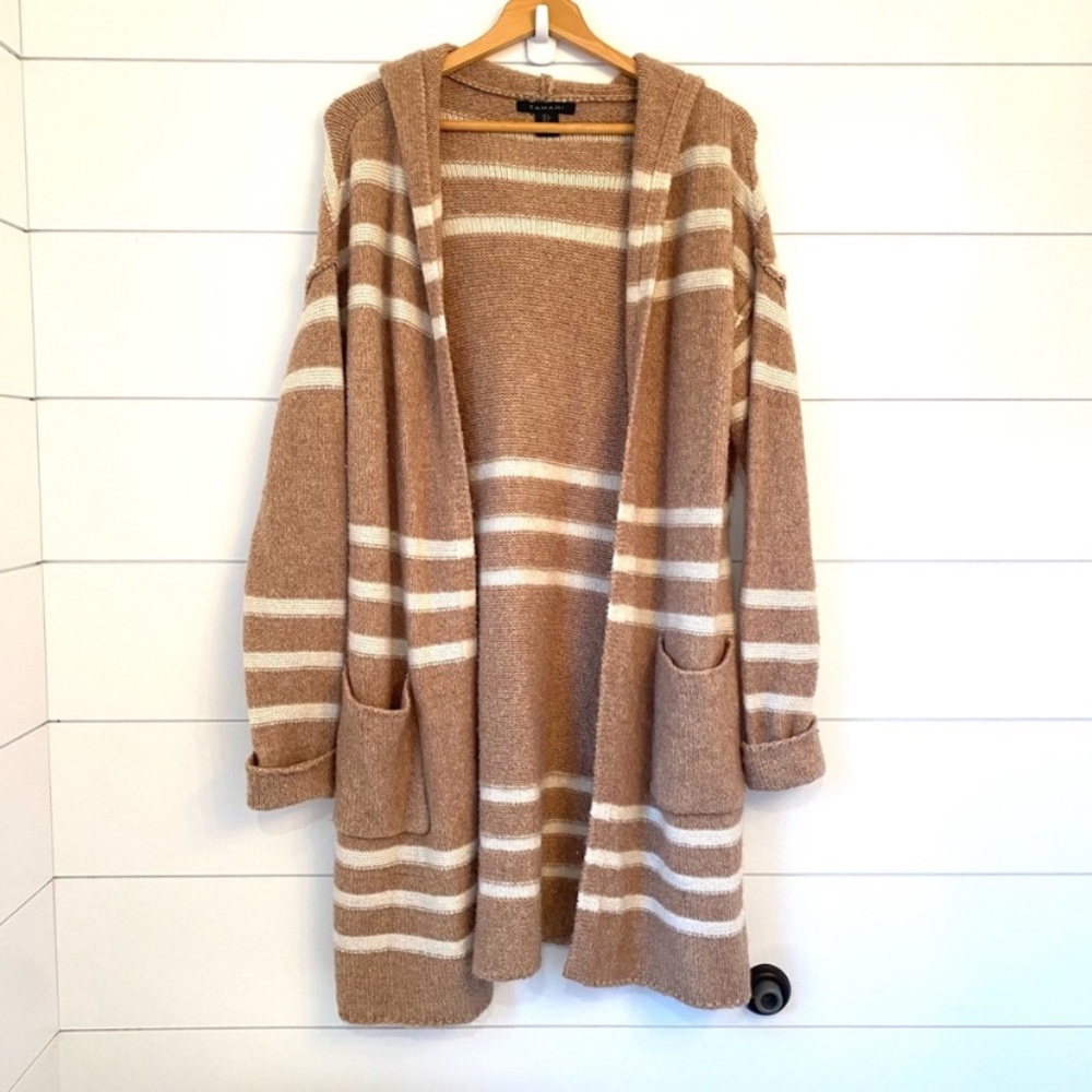 TAHARI long Tan and White Striped Hooded Cardigan.  (size Small)